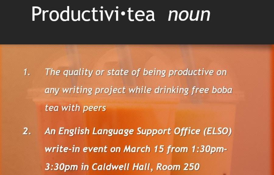 a slide with the text "Productivitea," event information, and a picture of bubble tea