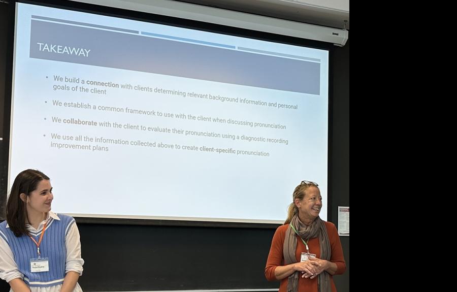 Melissa Myers and pronunciation tutor Rachel Bradley at a conference