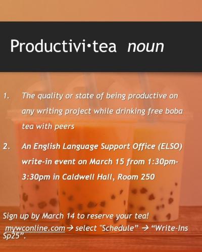 a slide with the text "Productivitea," event information, and a picture of bubble tea